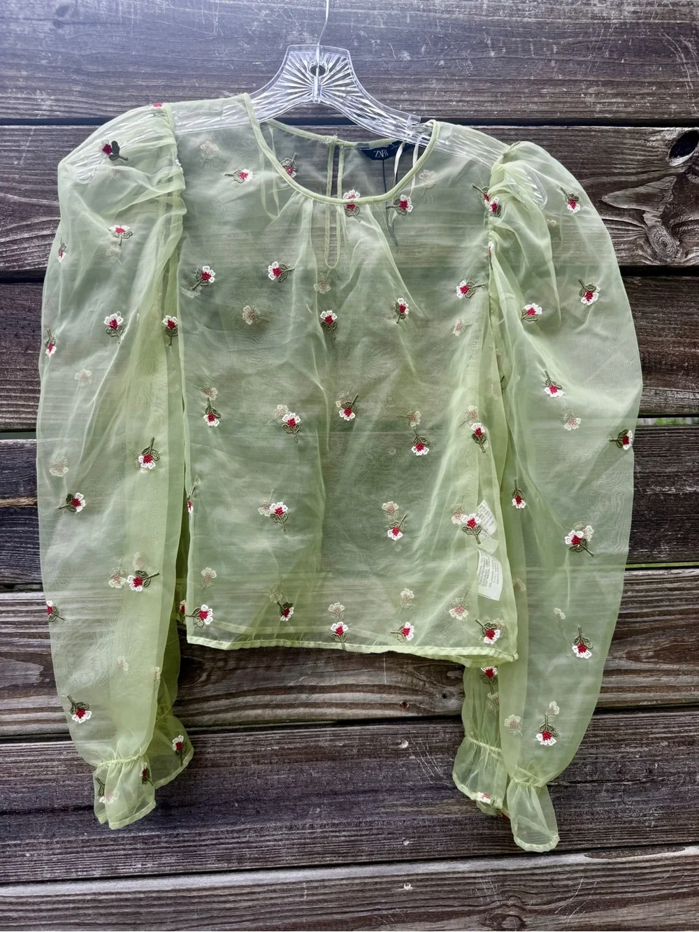 Zara Light Green Floral Embroidered Organza Puff Sleeve Blouse Sheer Top Medium